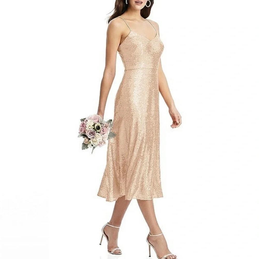 NWT Dessy Collection Elle Sequin Spaghetti Strap Flared Midi Dress 0 Rose Gold